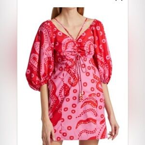 FARM Rio Octocool Puff-Sleeve Red and Pink Mini Dress